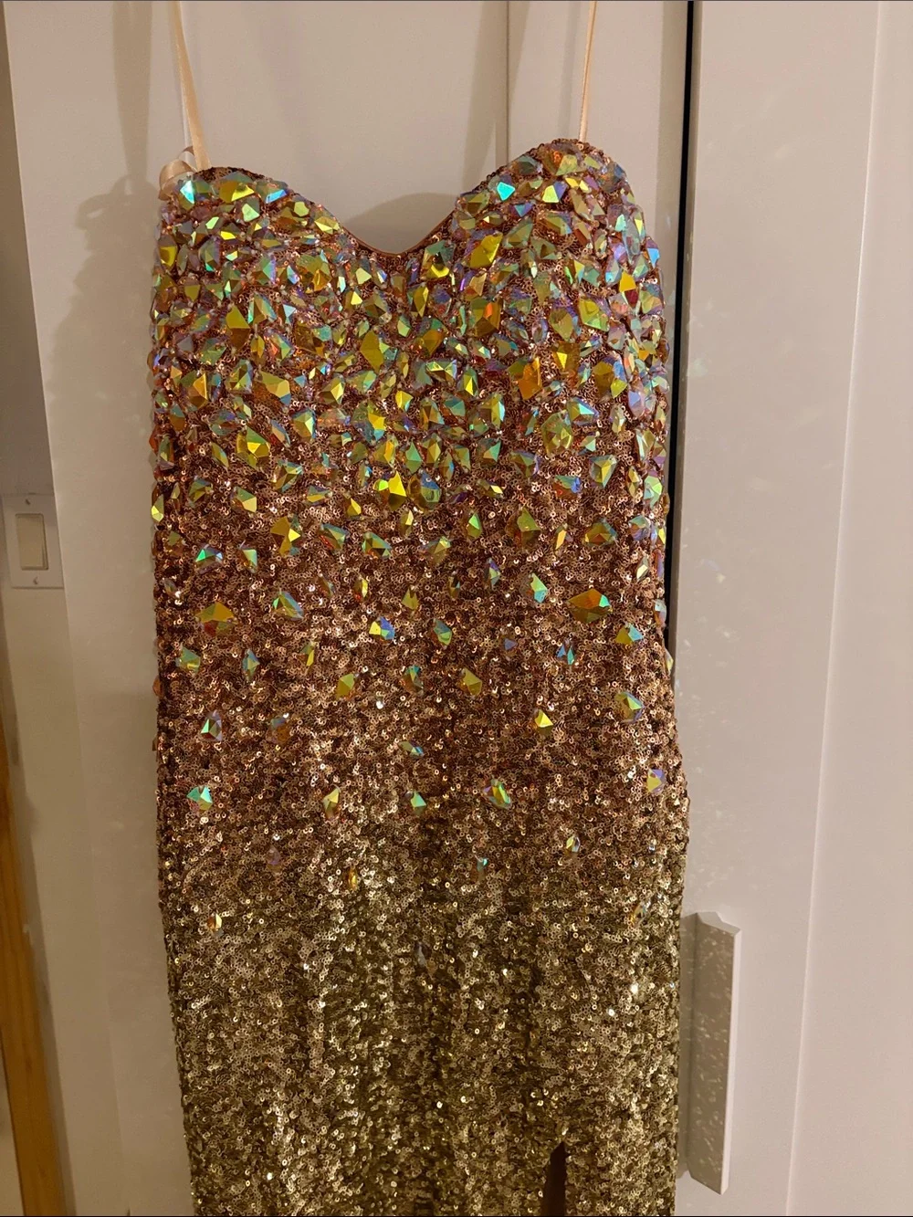 La Femme Gold Sequin Strapless Embellished Gown
